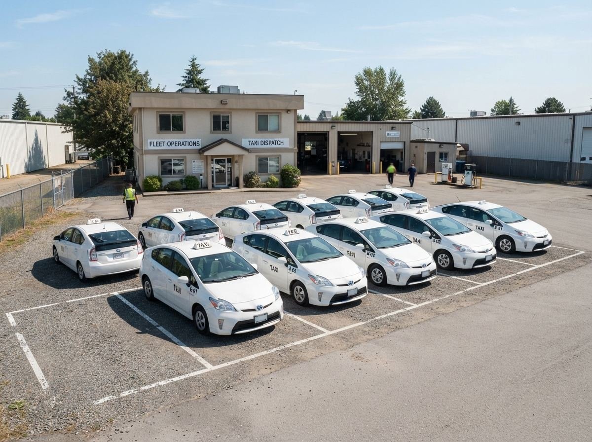A fleet of taxis parked at their depot ready for dispatch