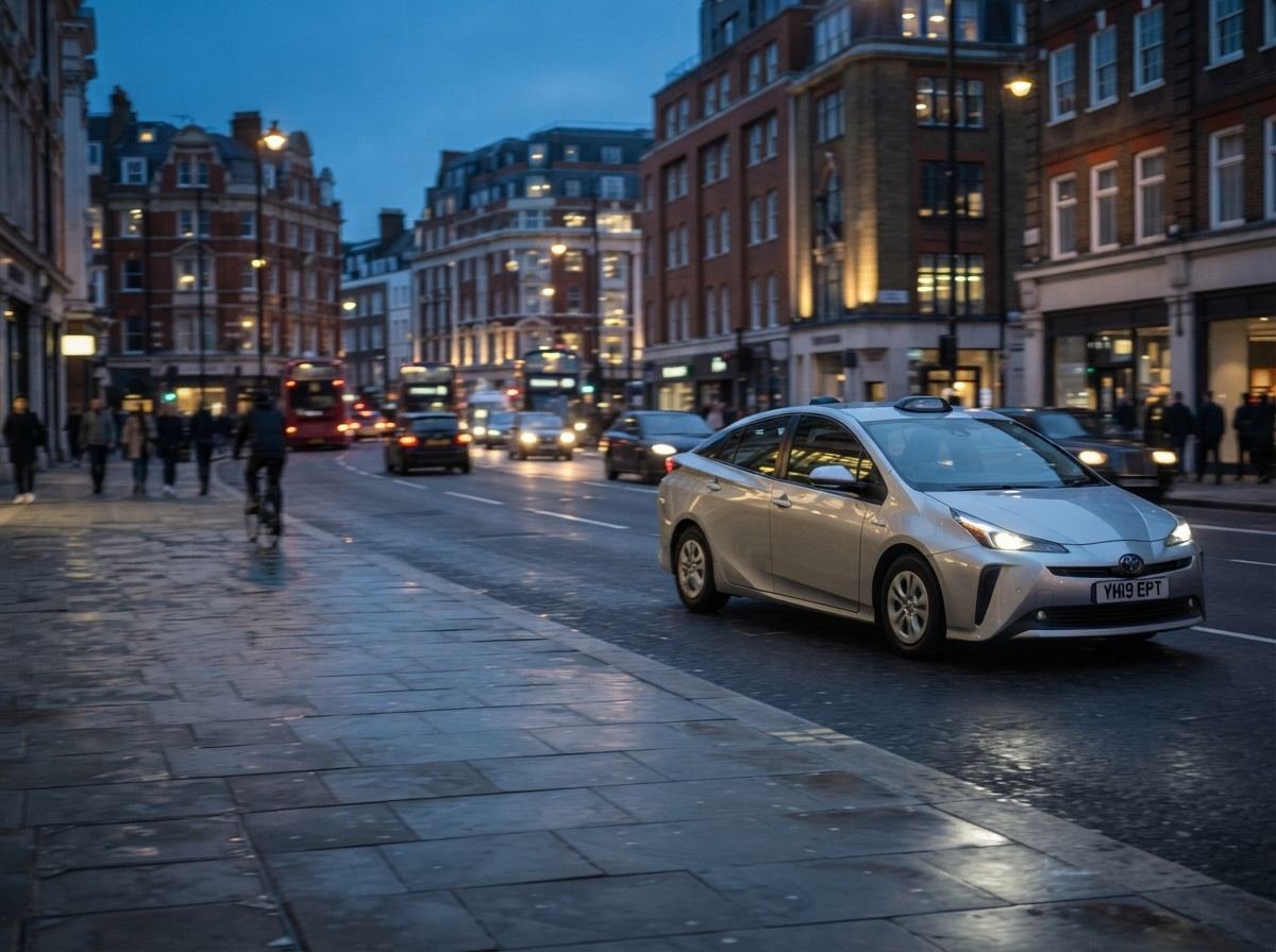 A taxi on a busy UK street during peak hours